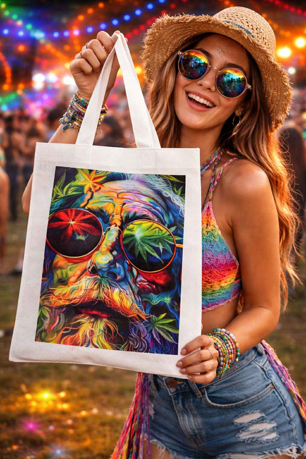 Woman at festival holding a tote bag with colorful psychedelic face art and leaf design