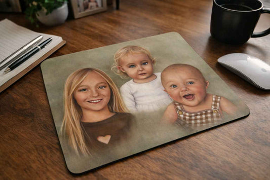Custom mouse pad with a family portrait illustration of three children on a wooden desk