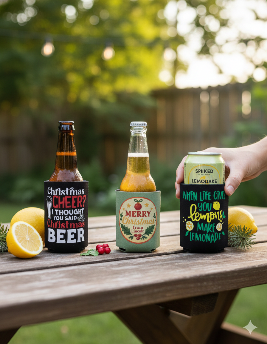 Personalized drink coolers with festive and summer designs on bottles and can, outdoors on picnic table.