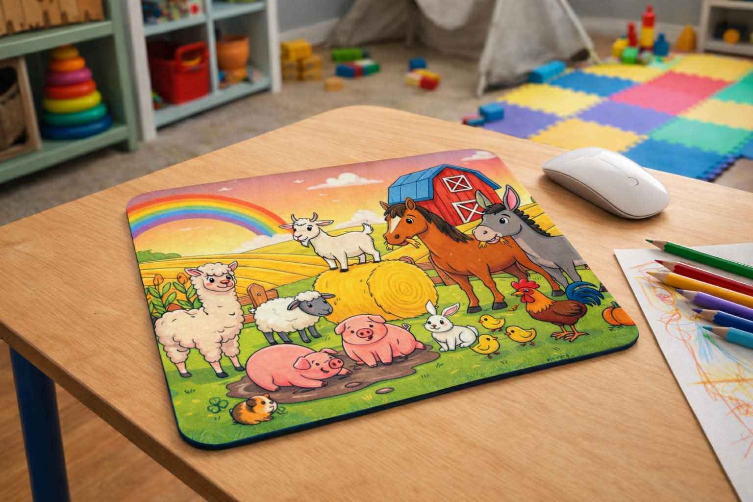 Colorful farm animal mouse pad on desk in kids playroom with crayons and toys