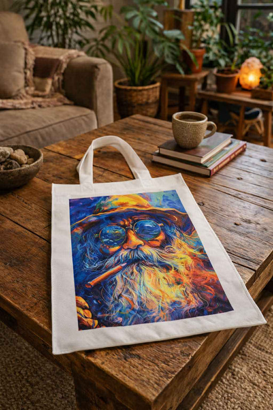 White tote bag featuring colorful bearded wizard artwork on rustic coffee table in cozy living room