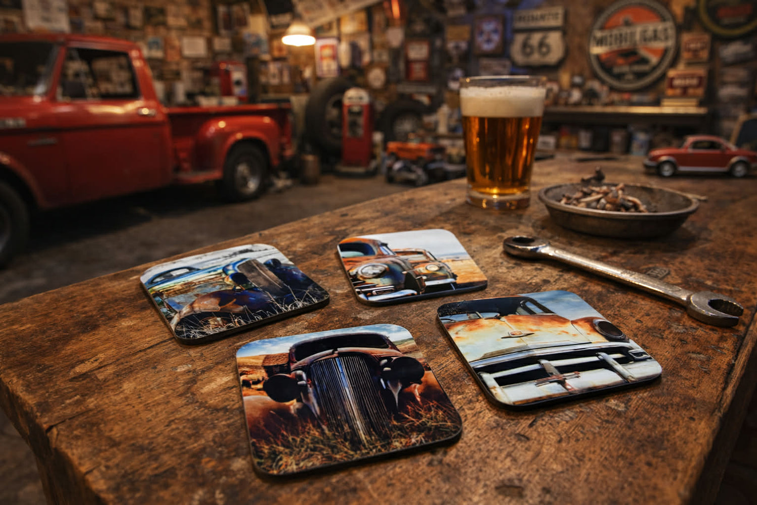 Vintage car-themed coasters on rustic table in garage with beer, wrench, and red pickup truck