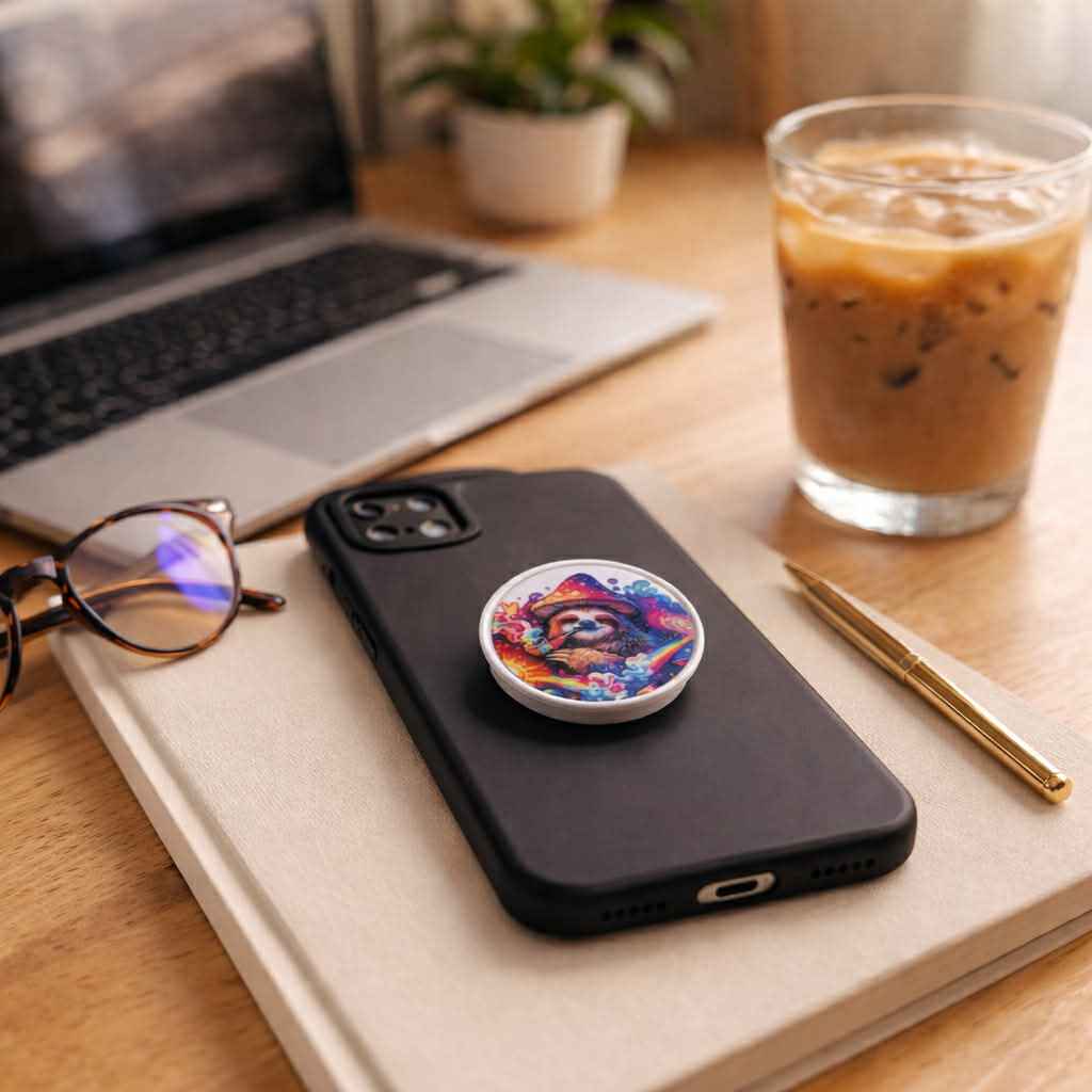 Black phone case with colorful sloth pop socket on notebook, beside glasses and iced coffee