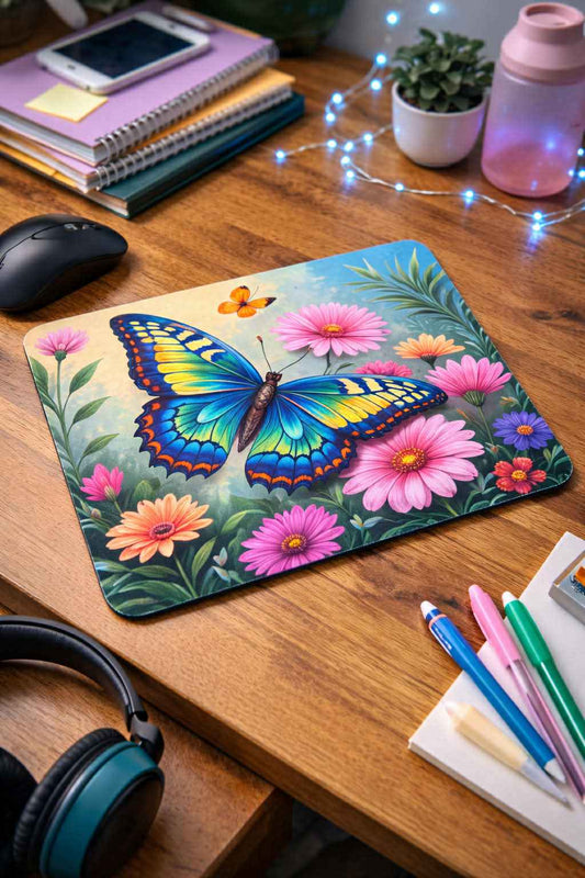 Mousepad with vibrant butterfly and floral design on a wooden desk, surrounded by stationery.