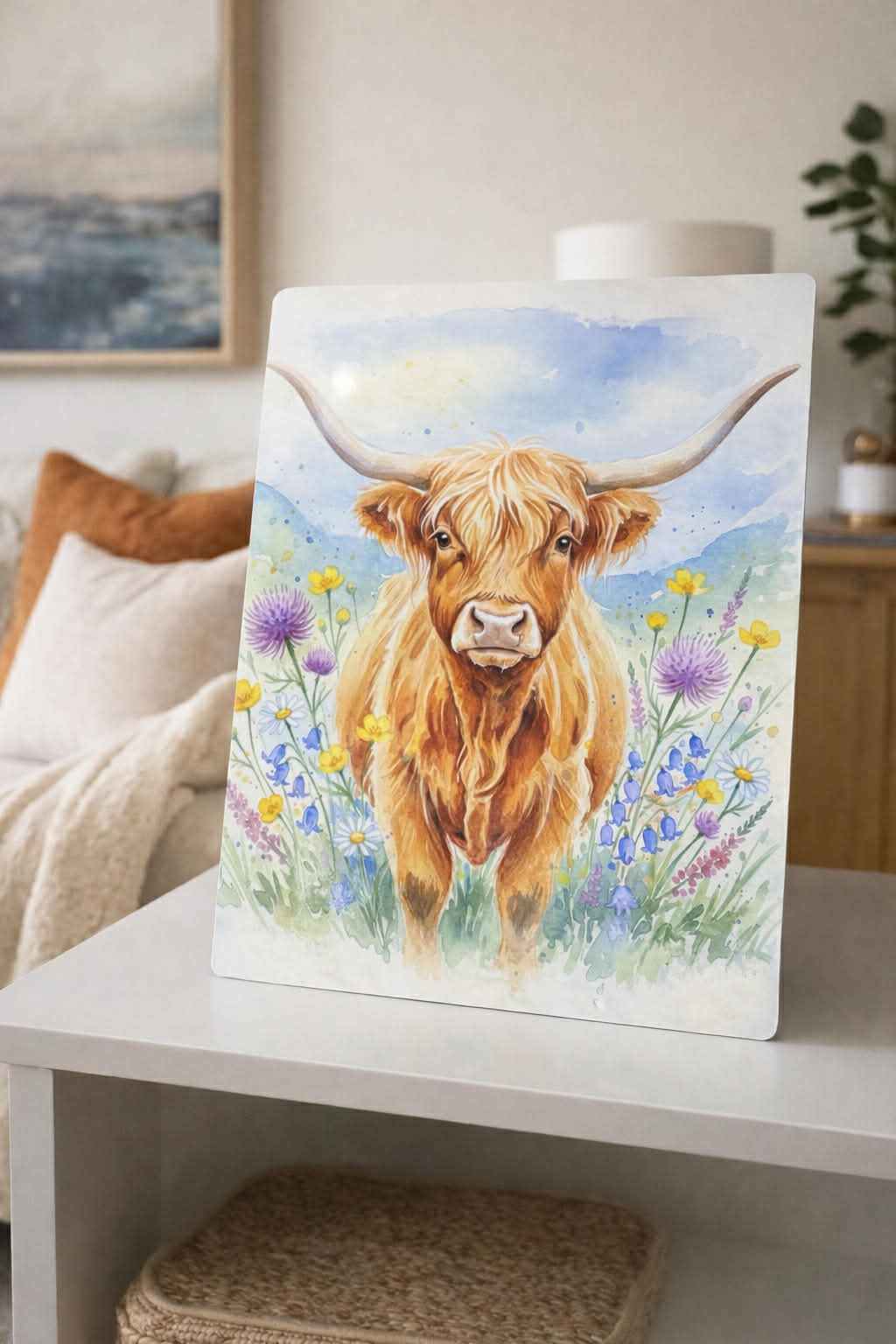 Highland cow art print with wildflowers on a table in cozy living room decor