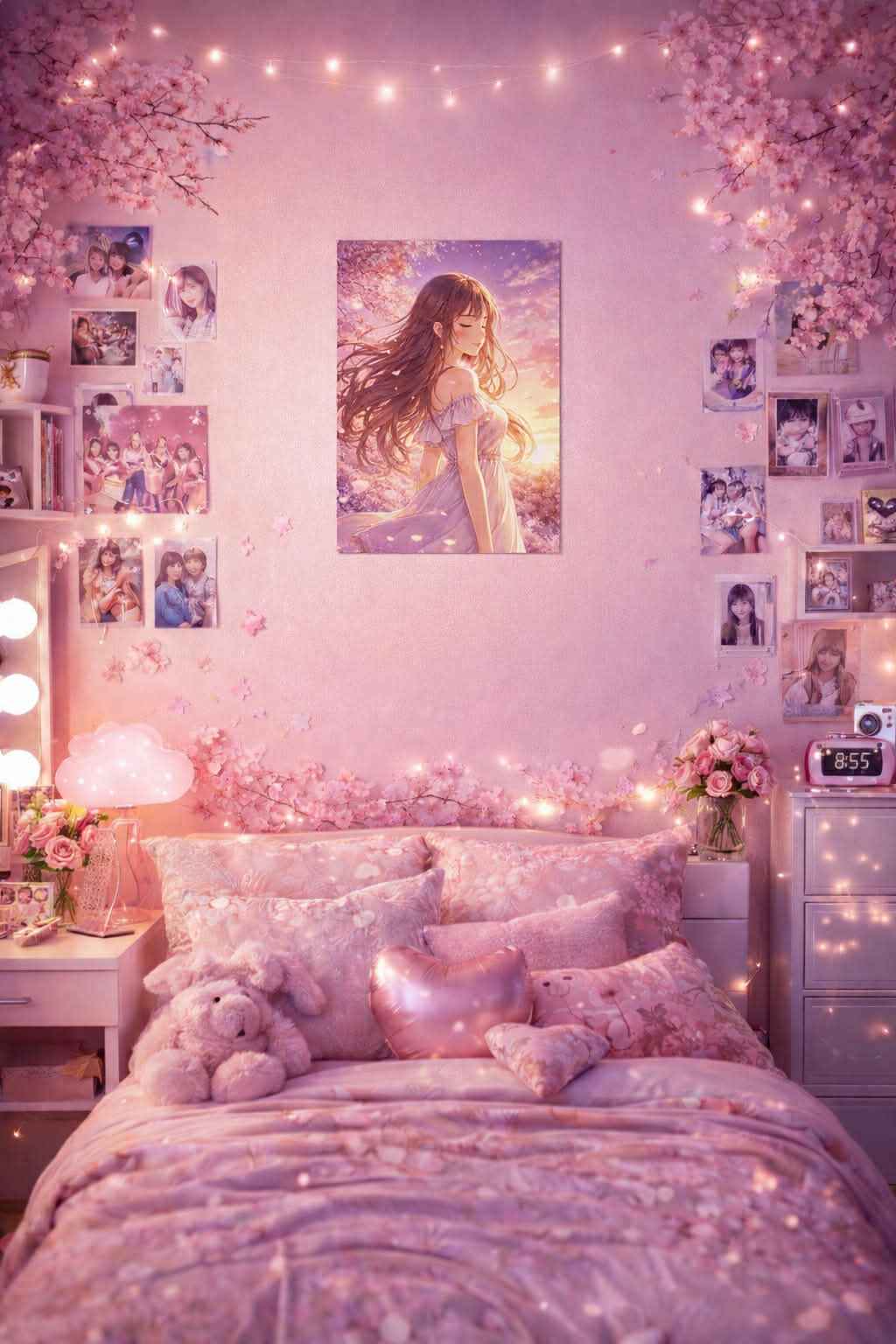 Cozy pink bedroom with floral decor, anime wall art, string lights, plush pillows, and soft bedding.